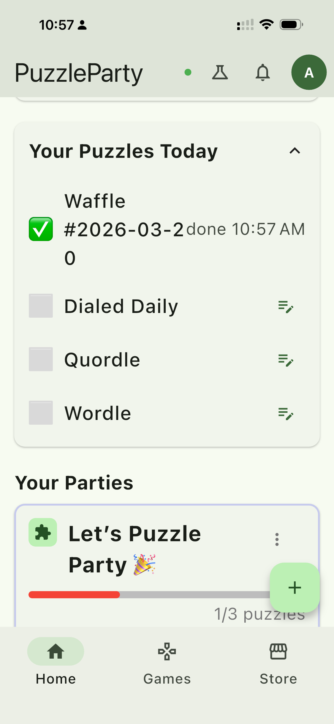 Today's Puzzles section showing the pencil icon next to an incomplete puzzle